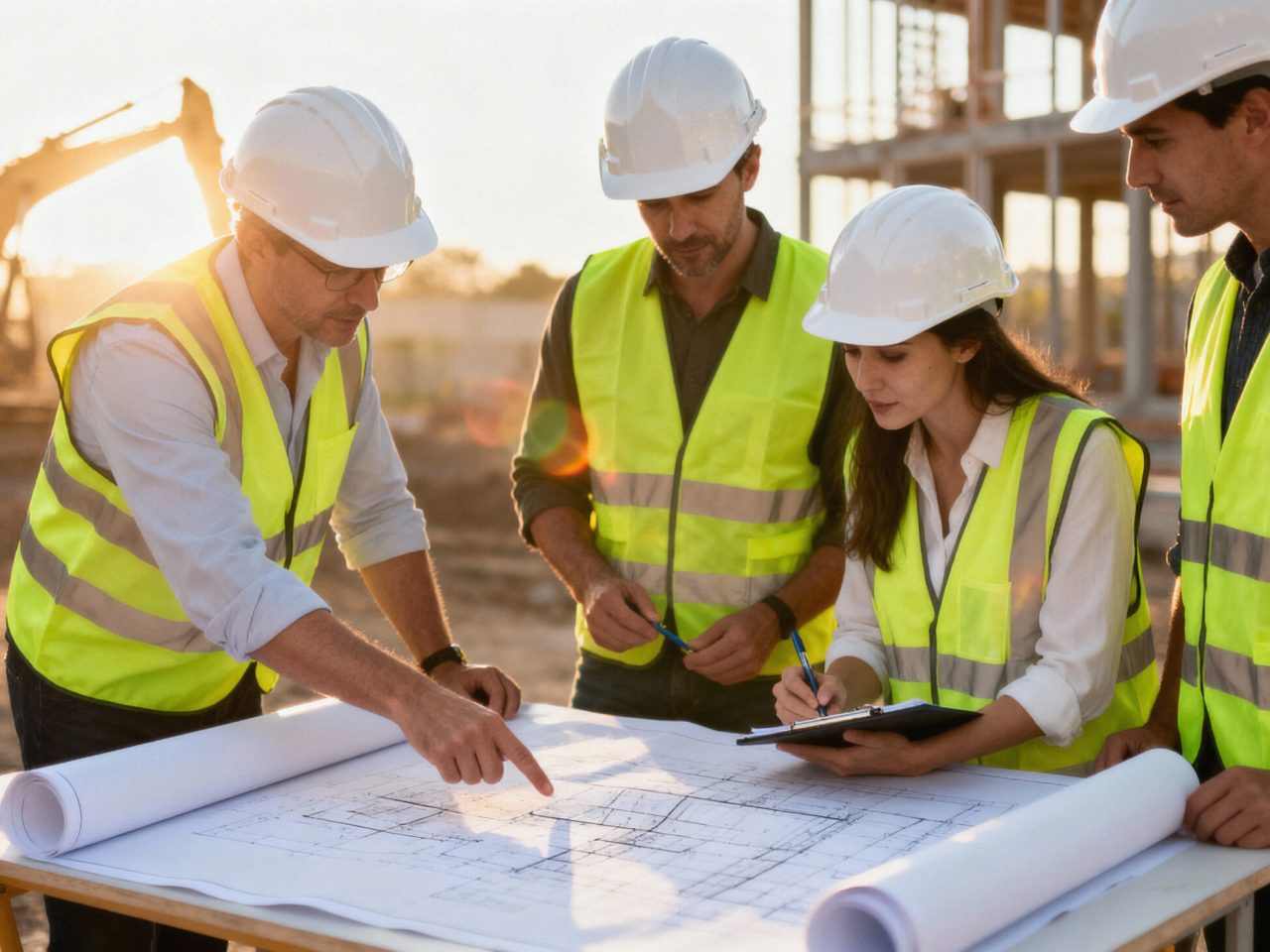 construction-team-reviewing-blueprints-building-site